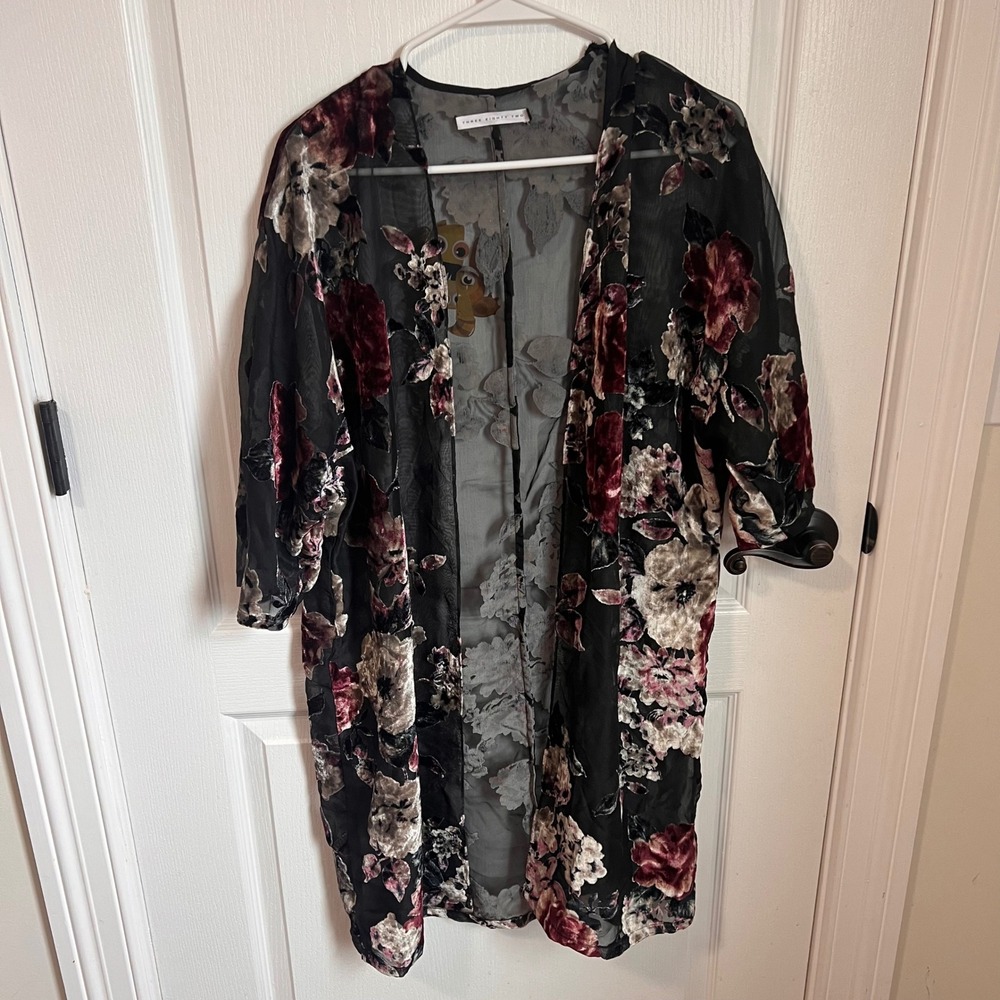 Three Eighty Two Black Floral Velvet Burnout Kimono Duster Cardigan‎ Jacket M